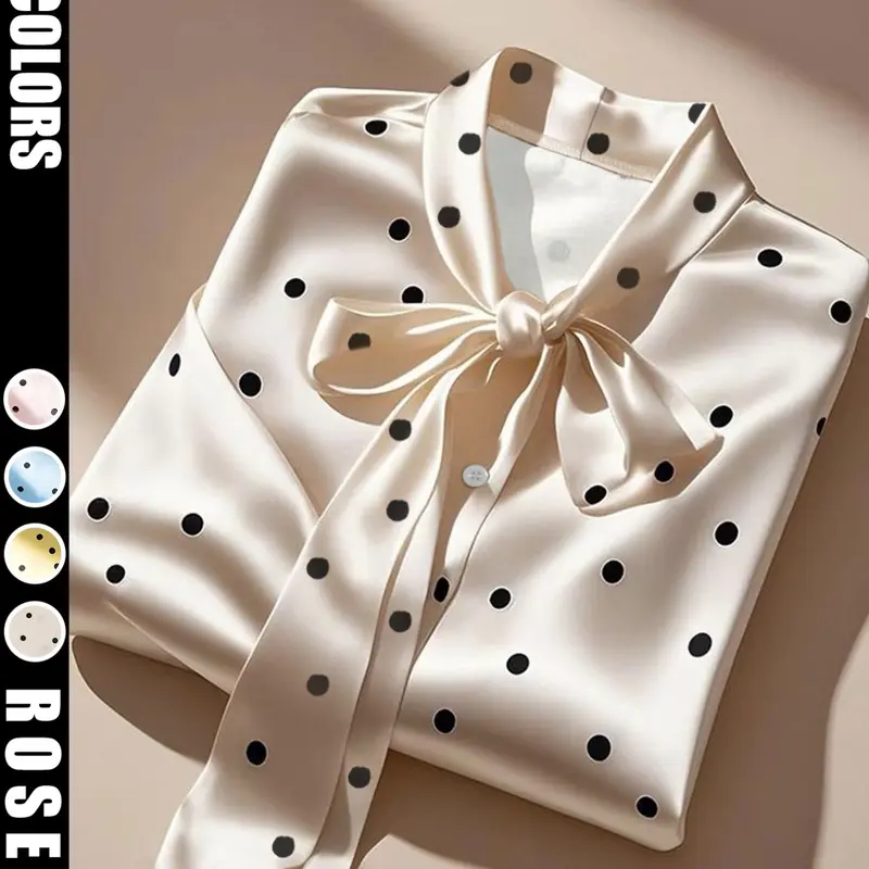 Subtle design polka dot satin shirt with bow collar and flared sleeves, elegant and luxurious, slimming commuter shirt for women, Blouse