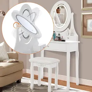 Vanity Table with LED Lighted Oval Mirror,Modern Vanity Desk with Mirror and Lights,Cushioned Stool, 3 Color Lighting Modes, and 3 Storage Drawers, Girls Women Vanity Desk for Bedroom