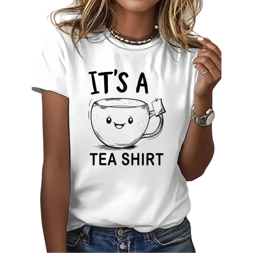 Women's Cute Smiling Tea Cup T-Shirt - Vintage British Tea Party Outfit with "It's A Tea Shirt" Slogan, Short Sleeve Casual Top for Themed Events & Casual Attire (Blue & Red Options Available), Womens Tops And Blouses, Tops For Women, T Shirts For Women