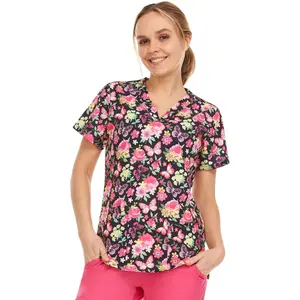 Medichic Naomi Butterfly Floral Printed V-Neck Scrub Top