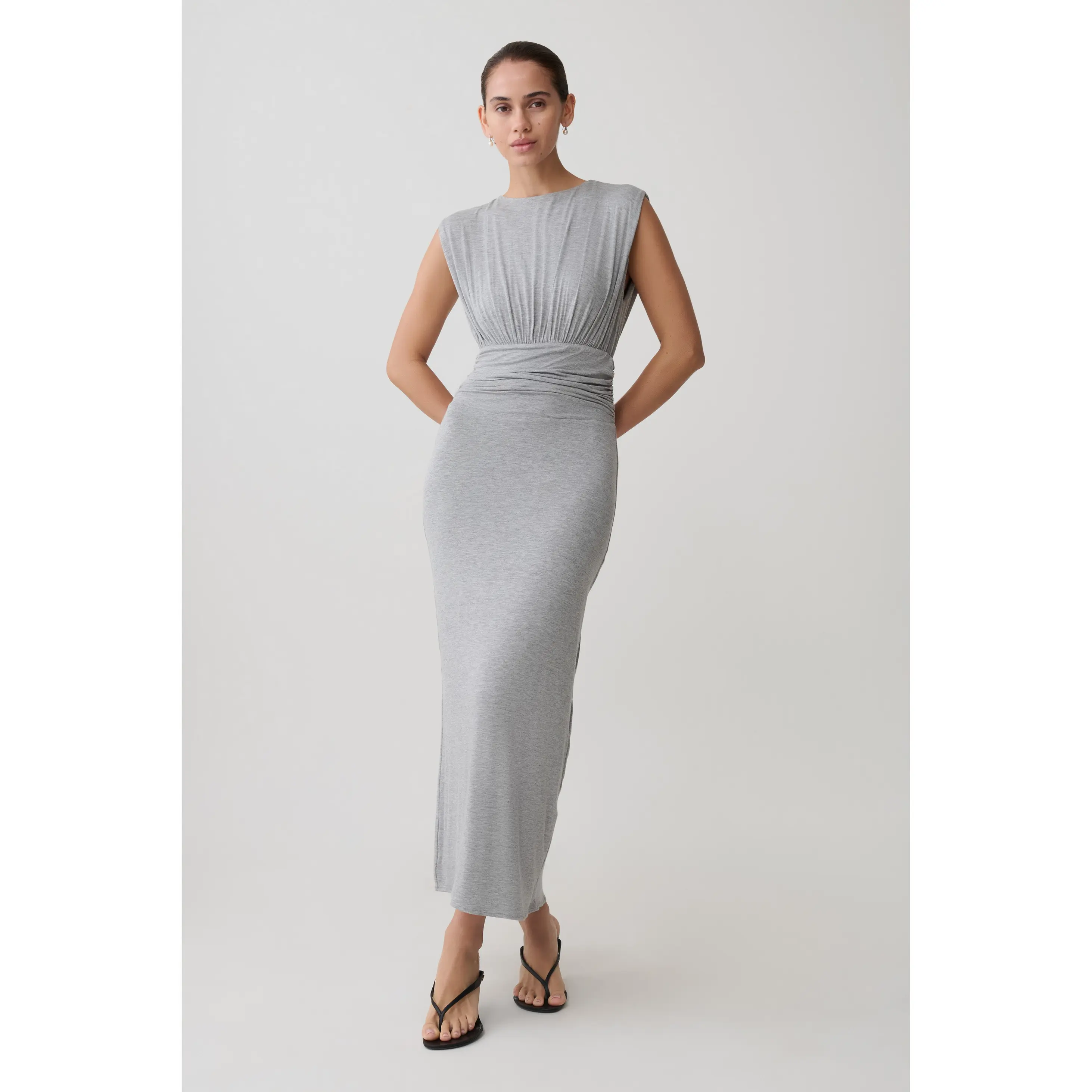 Kura Ruched Modal Sleeveless Midi Dress - Grey Marle