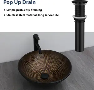 Logmey 16" Glass Bathroom Vessel Sink Vanity Countertop Round Bowl with Black Pop up Drain Set,Glass Art Basin,Dark Brown, Memorial day