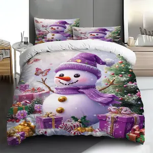 Three-piece bedding set - 2pcs/3pcs 2D Flat Christmas Purple Snowman Gift Pattern Duvet Cover Set (1 duvet cover + 1/2 pillowcases, no insert), multi-color printed bedding set, soft and comfortable, suitable for family bedrooms and guest rooms.