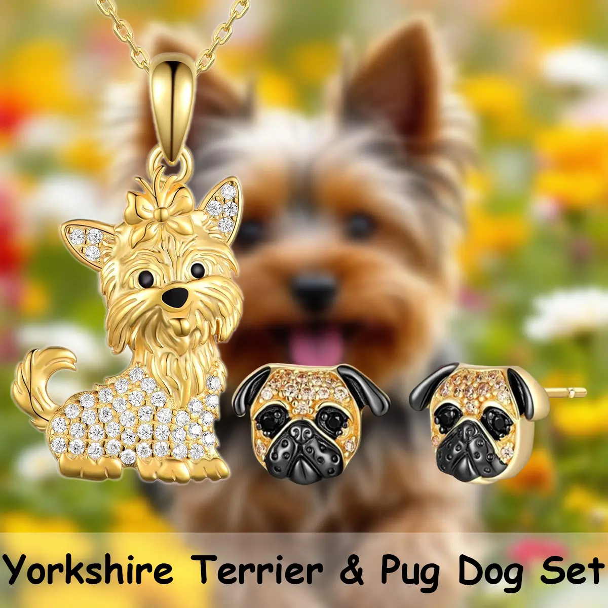 Women's 3-Piece Alloy Unisex Jewelry Set - Cute Animal-Themed Yorkshire Terrier Pendant Necklace, Pug Stud Earrings, Elegant Daily Gift for Dog Lovers, Christmas, Birthday