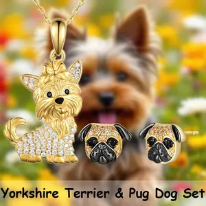 3 Pcs/Set Dog Lover Gift Elegant Yorkshire Terrier Pendant Necklace & Pug Stud Earrings Alloy Jewelry Set Birthday Gifts for Women, Family, Friends (Christmas, Valentine's)
