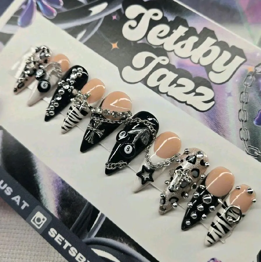 Setsby Jazz 8 Ball Black and Silver Stiletto Press On Junk Nails with Unique Designs and Stud Accents