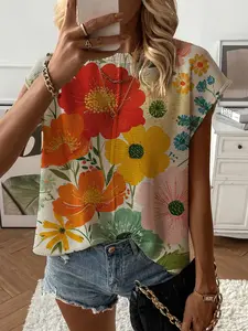 Summer Round Neck Short Sleeve Knit Top, Loose Fit Colorblock Floral Print, Casual Elegant Commuter, Bikini Cover-Up Womenswear