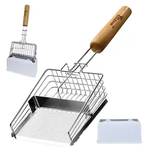 Cat Litter Scoop with Holder- 2-Way Adjustable Sifter - Large Metal Cat Litter Scooper & Durable Heavy Duty - Non-Stick Fast Sifting - Detachable Base - Ergonomic Beech Wood Handle