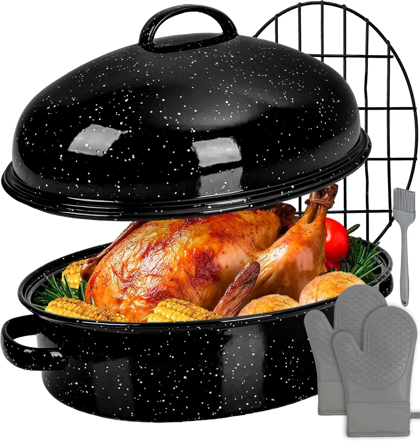 Turkey Roasting Pan with Lid & Rack, 18" Enamel Large Roaster Pan Set | 6 Pieces Domed Lid Deep Oval Roasting Pan for Oven, Dishwasher Safe Non-Stick, Gift for Thanksgiving & Christmas Roaster Pot