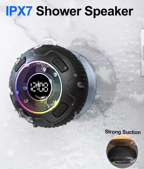 Rechargeable Mini Waterproof Bluetooth Wireless Shower Speaker with Built-in Microphone & Colorful LED Lights for Hands-free Audio Durable Design Ideal for Wet Conditions