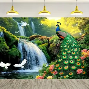 60in x 40in 1pc Oversized Vibrant Peacock & Waterfall Forest Wall Decor - Durable Polyester, No Power Needed, Easy-Hang with Holes - Ideal for Family Parties & Photo Studios, Peacock Decor