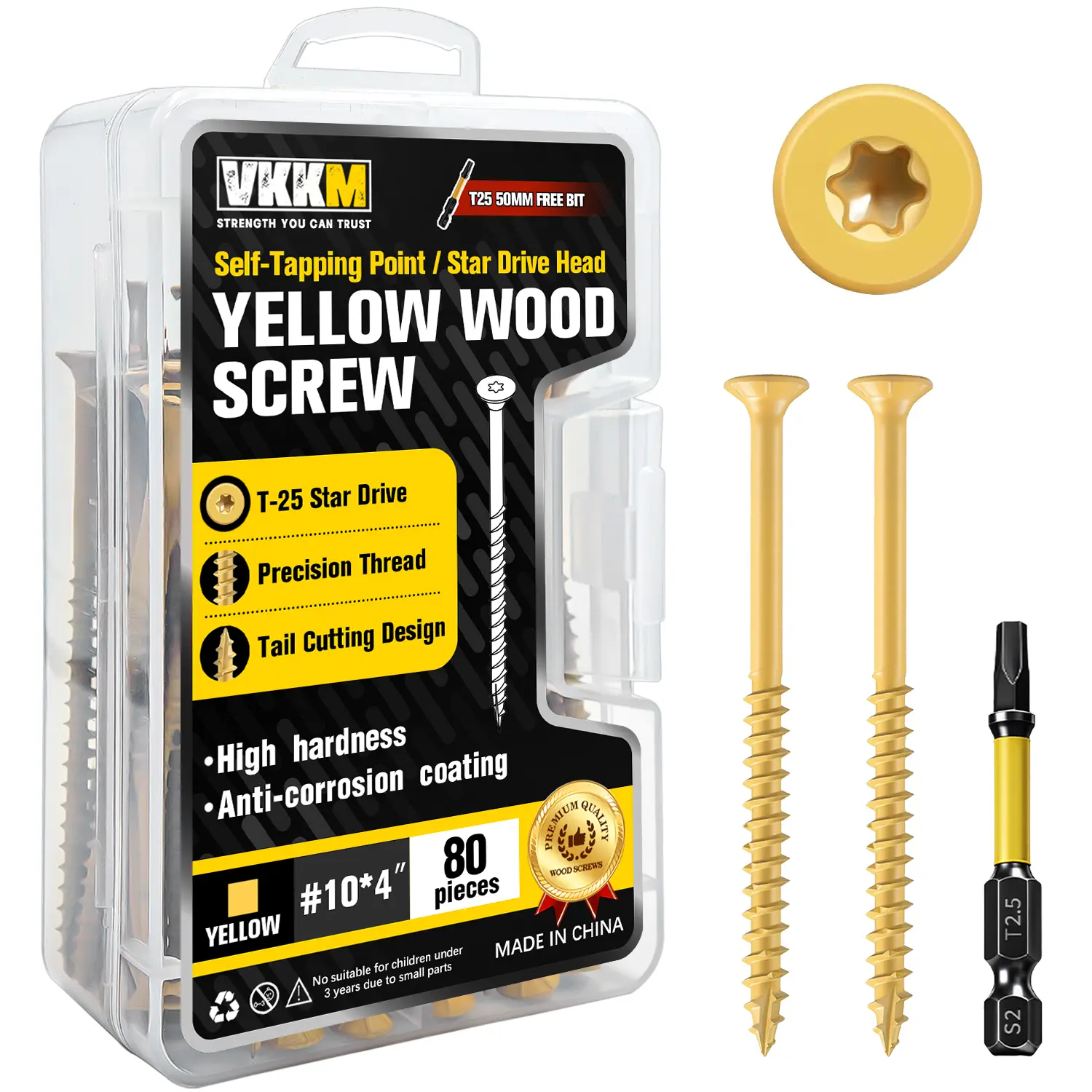 VKKM 80Pcs Flat #10 x 4in Yellow Deck Wood Screws, T25 Torx Star Drive Rust-Proof Self-Tapping Fasteners, No Pre-Drilling with Free T25 Bit for Outdoor Decks/Fences, Indoor Fixes, Outdoor Builds