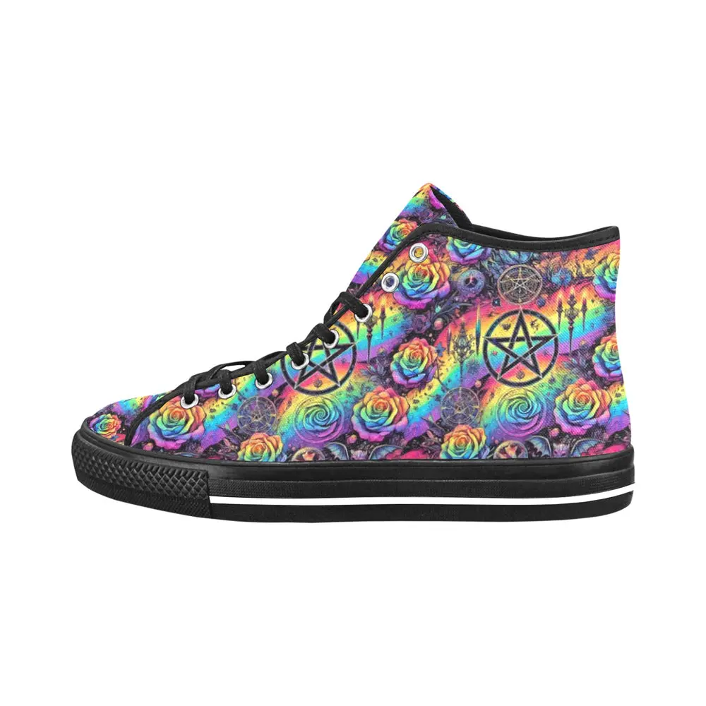 Rainbow Witch Pentagram Print High Top Canvas Men's Shoes Closed Boy