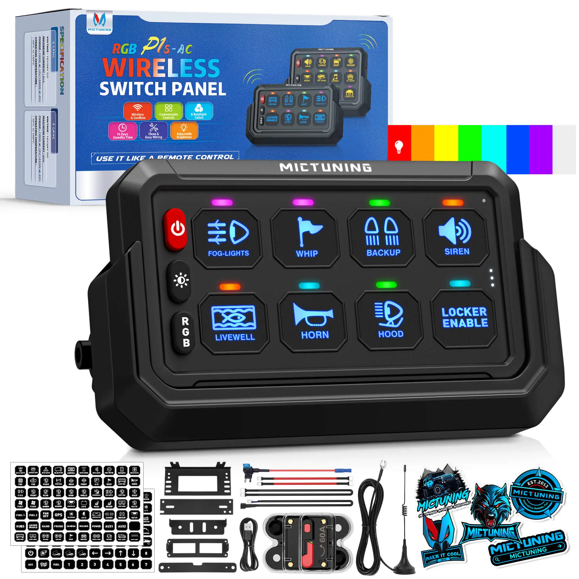 MICTUNING P1s-AC Wireless Cordless RGB Switch Panel 8/12 Gang, Up to 165FT/265FT Range, Aluminum Multifunction Removable Panel
