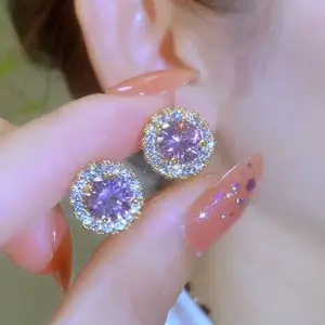 Shiny Sweet Purple Zirconia Earrings New Style DDES0124  for Daily Commuting Versatile Small Exquisite Earrings 14K Gold-Plated
