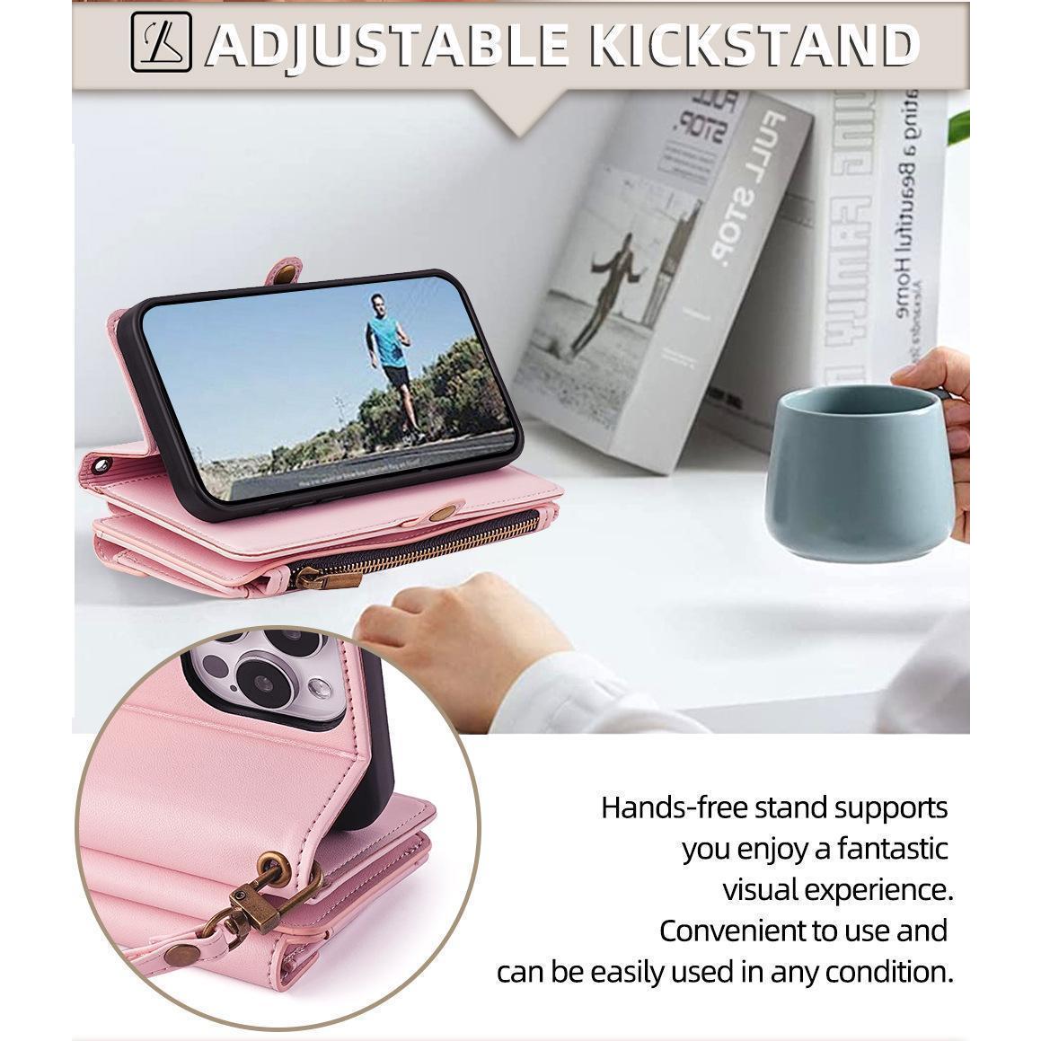 Smartphone, women's wallet protective case, supports wireless charging, with RFID card holder, detachable magnetic case, crossbody strap, wristband zipper mobile wallet, Cash, Protection, Accessories For iphone 17 phone case /16/15/14/13/12 Pro Max Plus