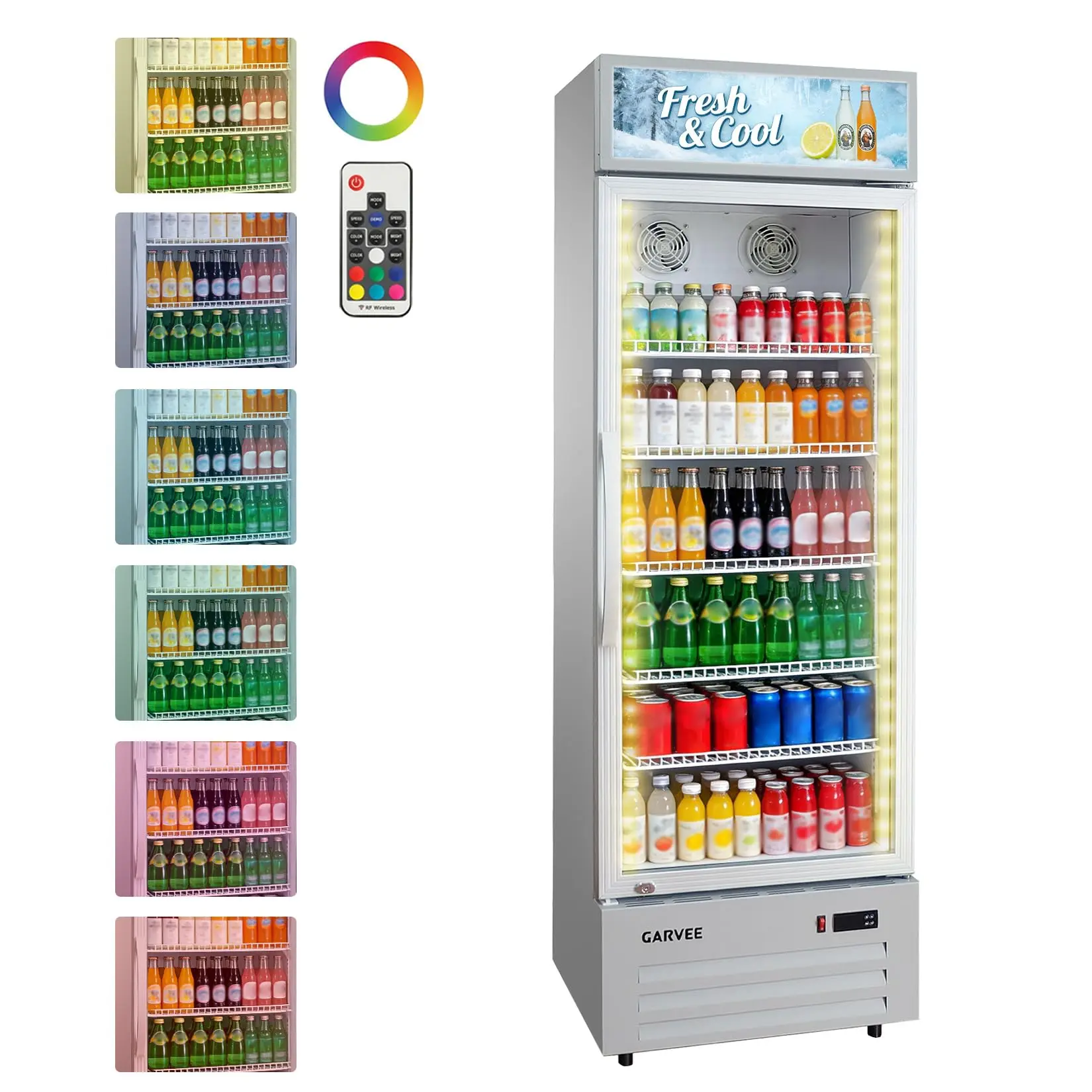 GARVEE 19.1 Cu.ft Commercial Beverage Cooler with RGB LED Lights & Remote - 280-Can Glass Door Display Fridge, Air-Cooled Frost-Free with Top Light Box for Bar Restaurant Store（Silver）