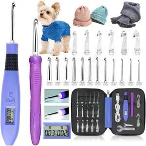 18 Size Lighted Crochet Hook Set, Counting Crochet Hook Set Digital for Stitch and Row Counter, Light up Crochet Hook Set with Case,  Crochet Hooks with 2 Levels Led (Blue, 18 Size)