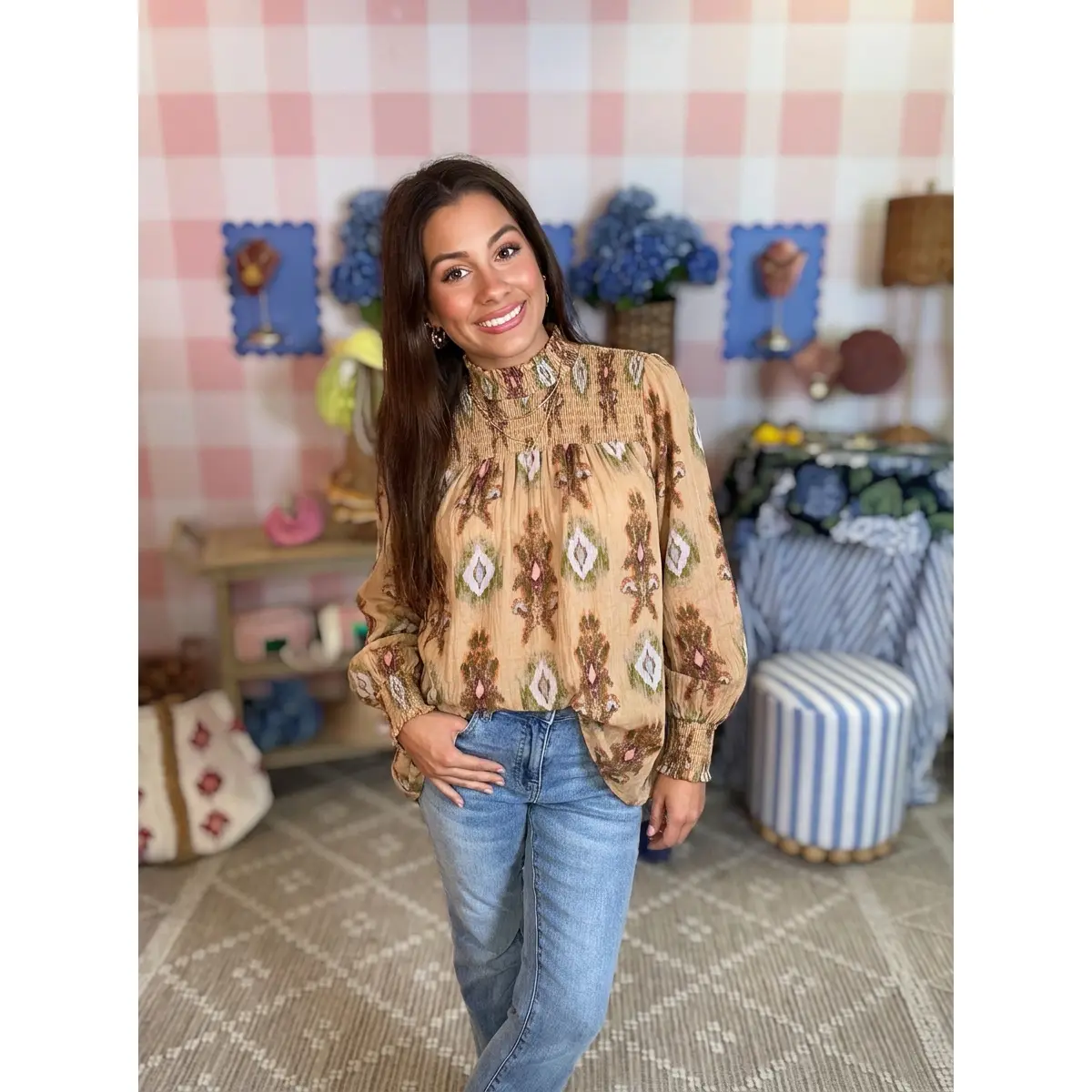 Latte Smock Yoke Printed Blouse