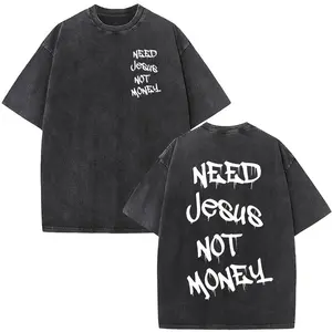 Men's Distressed Vintage Washed Round Neck Short-Sleeve Oversized T-Shirt - "Nothing But The Blood of Jesus" Christian Bible Verse Unisex Festive Clothes, Men's Casual Tshirt Top