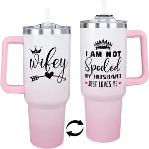 40 Oz Stainless Steel Insulated Wifey Vacuum Flask Tumbler - Unique Handle, Included Straw, Printed Lid, Portable Drink Mug - Indoor Coffee/Tea Container, Romantic Gift for Wife's Birthday/Anniversary, Flasks