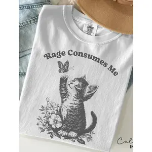 Womens Cotton Graphic Tee Cute Kitten Butterfly Print Soft Short Sleeve Shirt Casual Summer Outfit Top Vintage Aesthetic Cat Lover Gift Everyday Streetwear