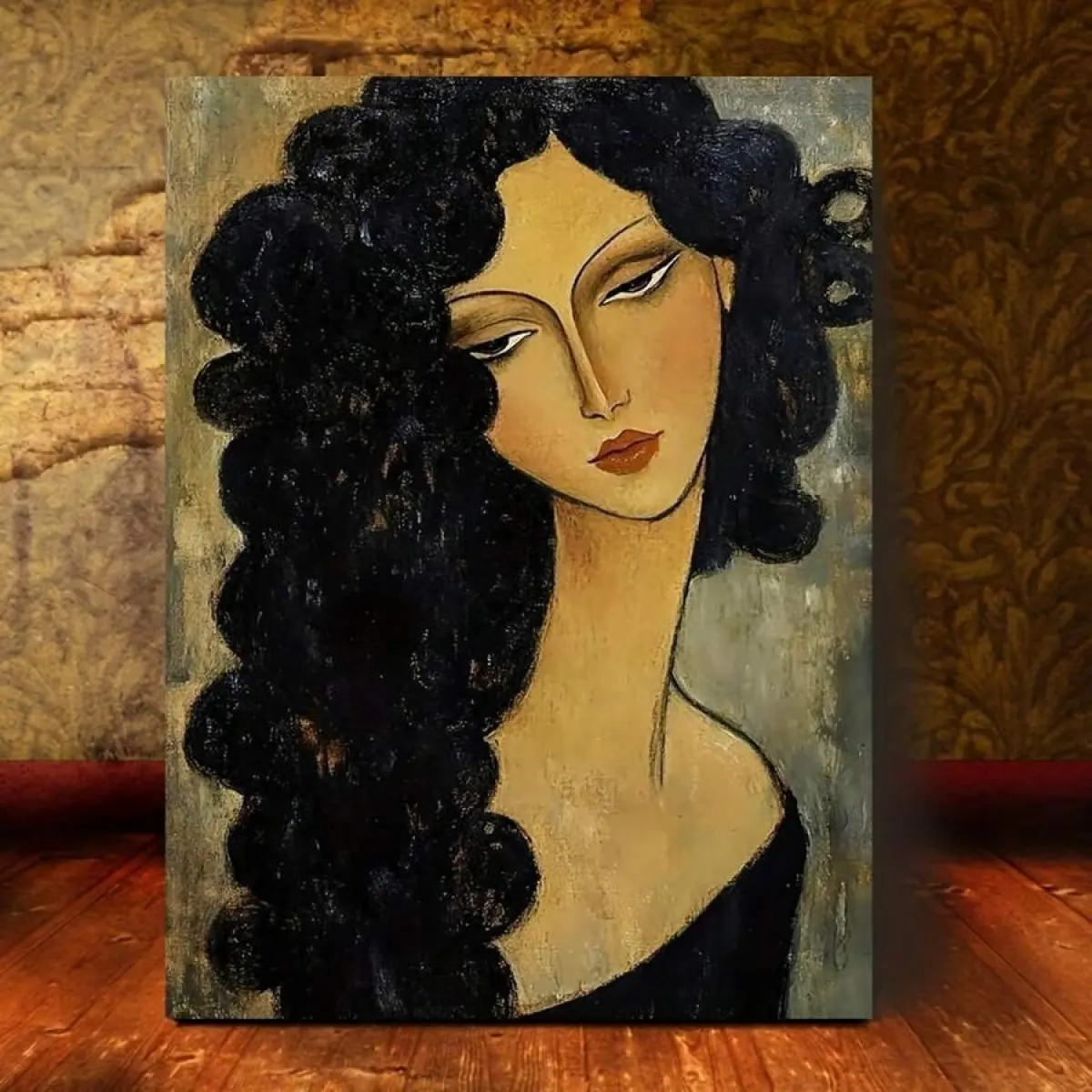 1pc Modigliani Inspired Canvas Mural - Brunette Beauty, Long Neck, Modern Style, Polyester Frame, Perfect For Home And Living Room Decor, Ready To Hang, Living Room Mural| Modern Mural| Detailed Hair Texture, Mural Decoration,shadow