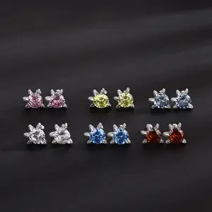 925 sterling silver screw-down safety earrings| Five-claw sapphire Minimalist temperament Unisex daily earrings, round white earrings