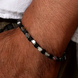 Men's Sleek Hematite & Stainless Steel Cube Beads Crystal Minimalist Elastic Handmade Bracelets Wrist Bangle