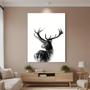 Framed 1pc Elegant Black & White Deer Antler Canvas Print - 0.9" Thick Wooden Frame | High-Quality, Vivid Ink Wall Art for Home Decor | Ideal for Living Room, Bedroom, Bathroom | Sophisticated Gift for Valentine's Day & Spring Festival
