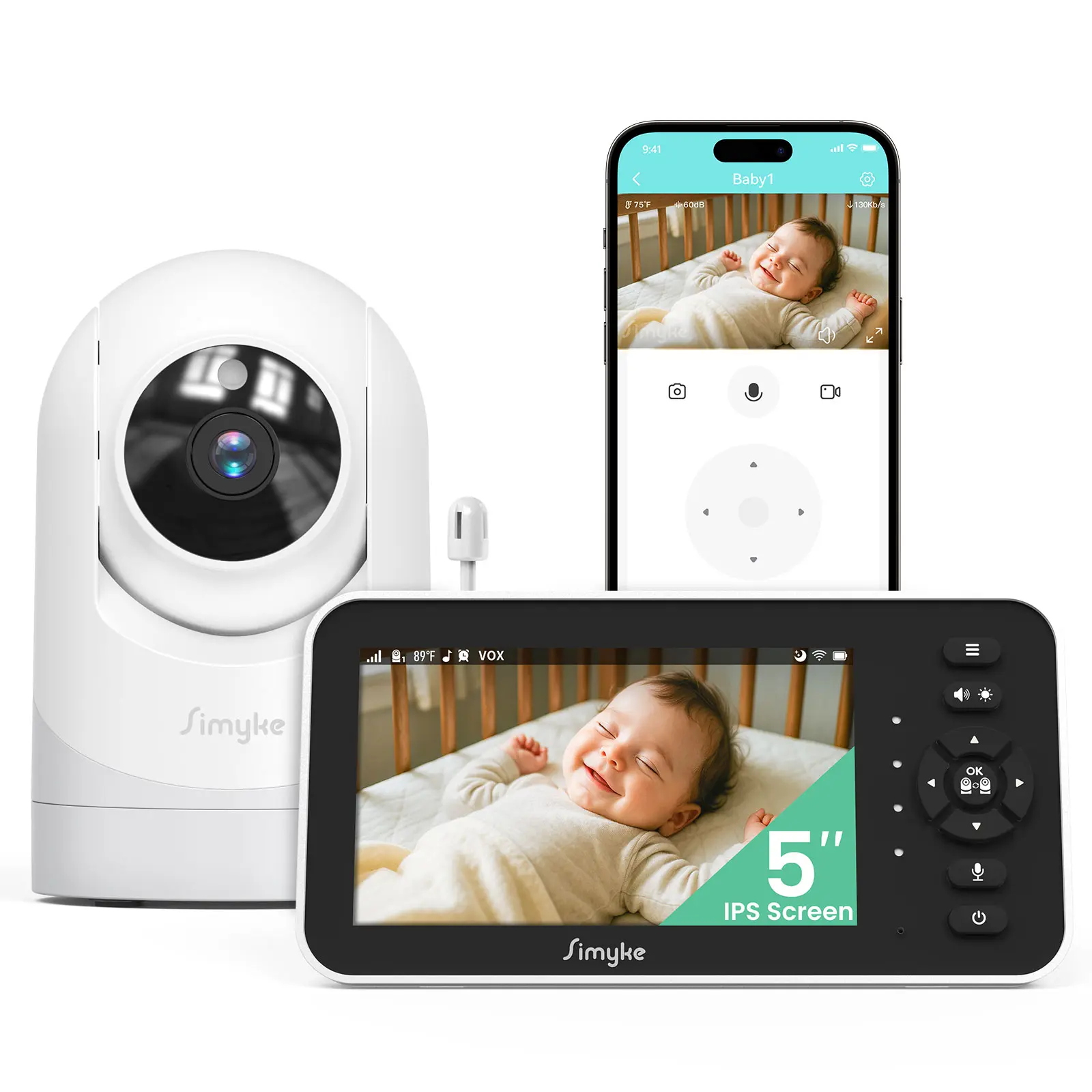 Simyke Video Baby Monitor with Camera & Audio, 5" Parent Screen, No WiFi Parent Unit + Mobile App, Pan-Tilt-Zoom, Night Vision, 2-Way Talk, VOX Mode, Battery, Newborn Nursery Home Security Camera