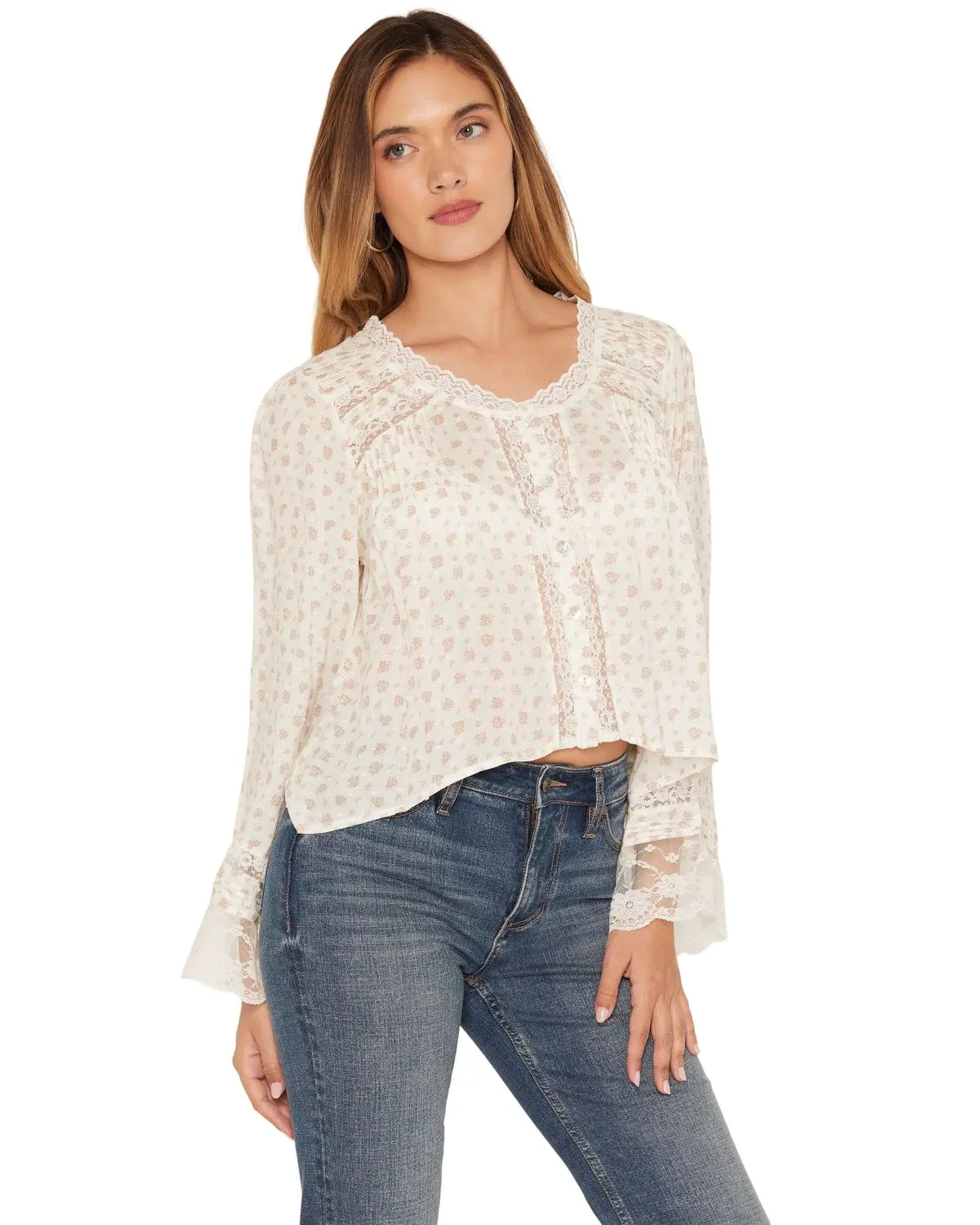 Wild Moss Women's Women'S Floral Lace Trim Top - Ima6342-W2141