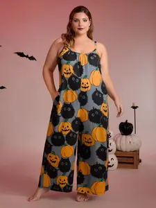 BLOOMCHIC Women's Stylish Halloween Pumpkin Print Fitted Sleeveless Pocket Jumpsuit - Maxi Length Multicolor Cartoon Casual Sleeveless Overalls for Halloween & Casual Wear