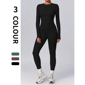 2pcs Set Women'S Long Sleeves Solid Crop High Waist Biker Pants Tracksuit Set Streetwear Tracksuit Sporty Breathable Comfy Outfits for Gym Workout Running Ladies Sportswear for Fall Minimalistic Outfit Cute Going Out TopsGift