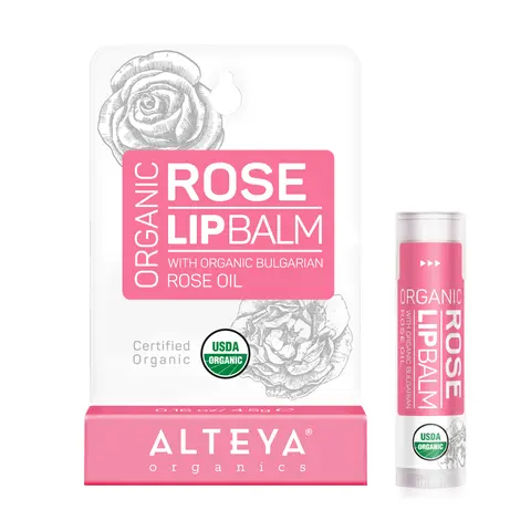 Alteya Organics USDA Certified Organic Rose Lip Balm - Moisturizing, Nourishing Daily Nontoxic Beauty Treatment with Bulgarian Rose Oil, Beeswax, Flowers, Cocoa