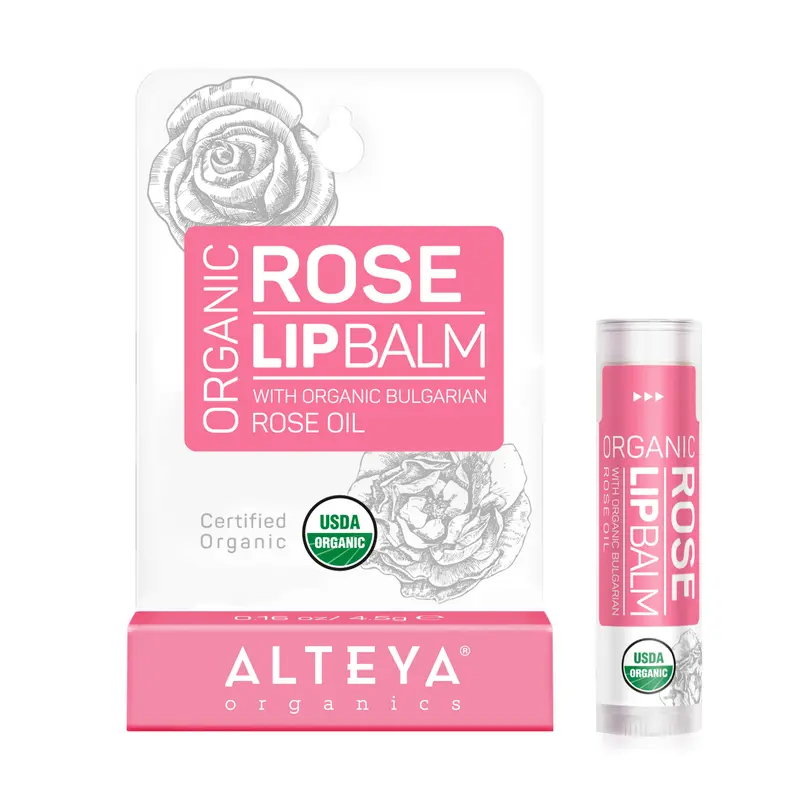 Alteya Organics USDA Certified Organic Rose Lip Balm - Moisturizing, Nourishing Daily Nontoxic Beauty Treatment with Bulgarian Rose Oil, Beeswax, Flowers, Cocoa