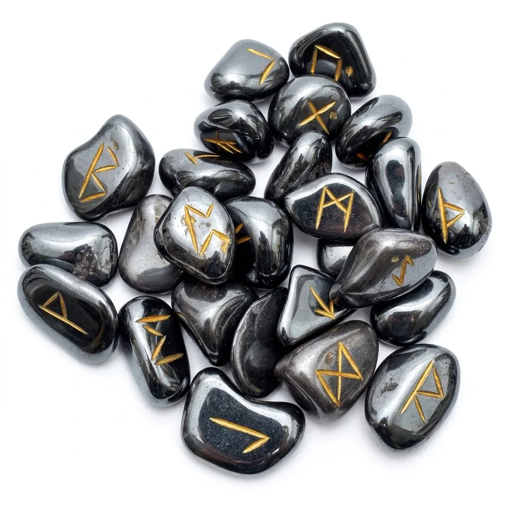 Hematite Rune Set Carved Elder Futhark 25 Stone Divination Kit