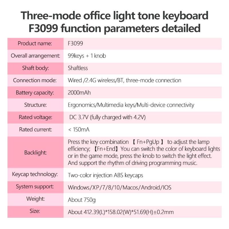 AULA F3099 three-mode, 99-key layout, light tone keys, cool RGB lighting effect, multi-function knob, ergonomic design, long battery life, compatible with computers, notebooks, mobile phones, membrane keyboard, Rgb Backlit Keyboard