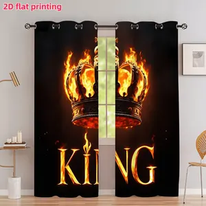 2D Flat 2Pcs King Crown Fire Print Curtains, Golden Burning Flames Royal Theme, Grommet Top Drapes, Sunshade Window Treatment For Living Room Bedroom Office Decor, Accessory, Anti Privacy.