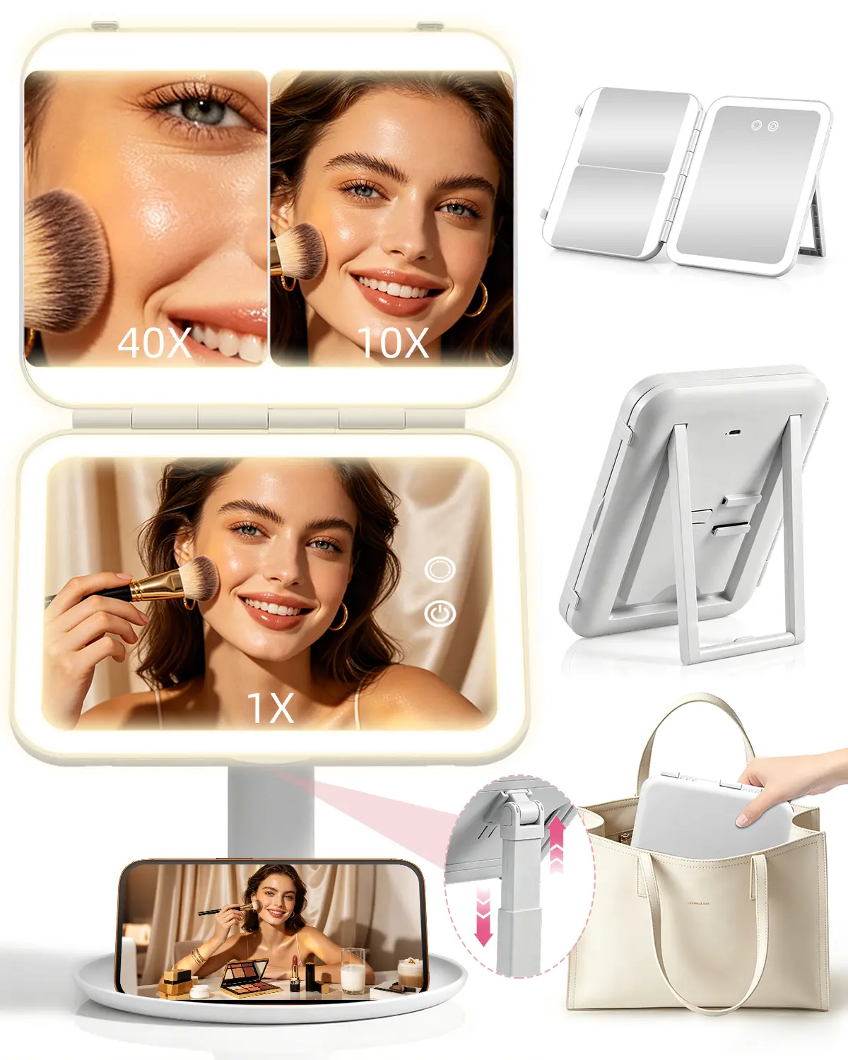 Vanity Makeup Mirror with Lights, Large Lighted 10X & 40X Magnifying Mirror | 3 Colors Dimming Light, Rechargeable, Detachable, Adjustable Height, 180° Rotation, Home & Travel Use, Gift for Women
