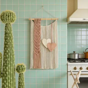 Bohemian Style Wall Decor Tapestry, Handmade Macrame Heart Leaf Fringe Background Rug, Boho Home Decoration, Model Xinghao 5056