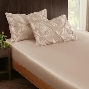 3-Piece Set Pintuck Pillowcases & Twin Fitted Sheet, Taupe Sheet Soft Luxury Pleated Bedding Bedroom Dorm, 15 Inch Deep