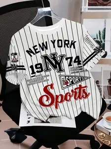 New York Vintage Baseball Style T-Shirt, Classic Striped Design, Fashion Trend Unisex Sports Shirt, Casual Fitted All over Print