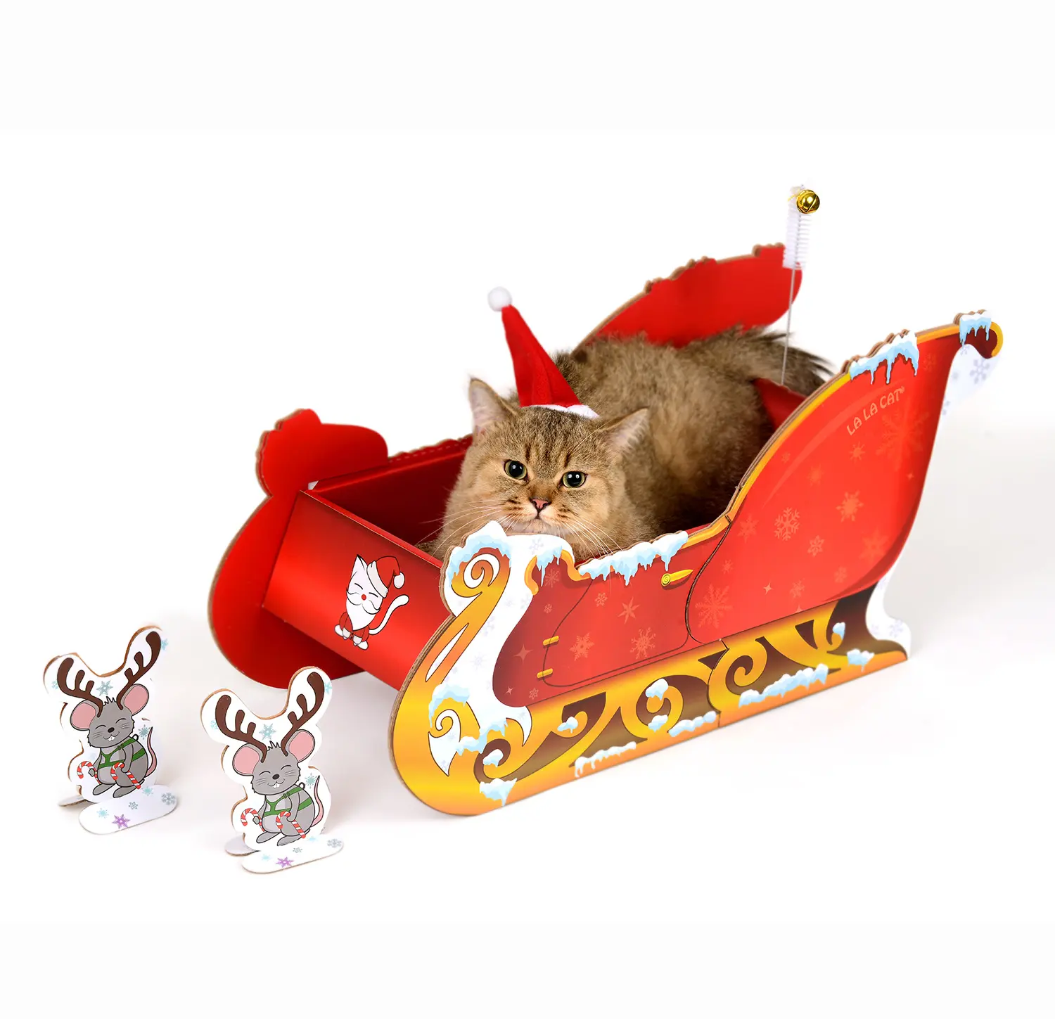 Santa Sleigh Cat Scratcher with Santa Hat and Reindeer Cardboard Toy with Grooming Brush for Indoor Cats Christmas Cat Scratcher