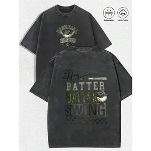 Washed T-shirt Vintage Baseball Season Graphic Tee: Double-Sided Baseball Fan Apparel