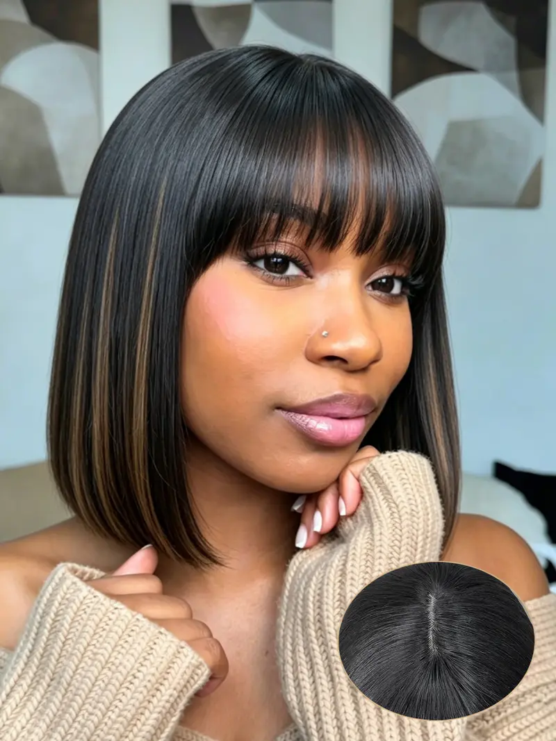 Shoulder Length Layered Bob Human Hair Wig with Bangs Breathable Cap Yaki Bob Wig with Bangs main image 3