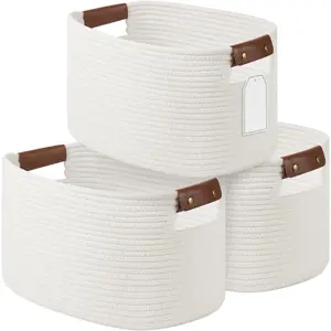 Rope Basket, Storage Baskets with Handle, 15x10x9 Inch Woven Basket for Shelves, Laundry, Towels, Clothes, Books (White 3Pack)