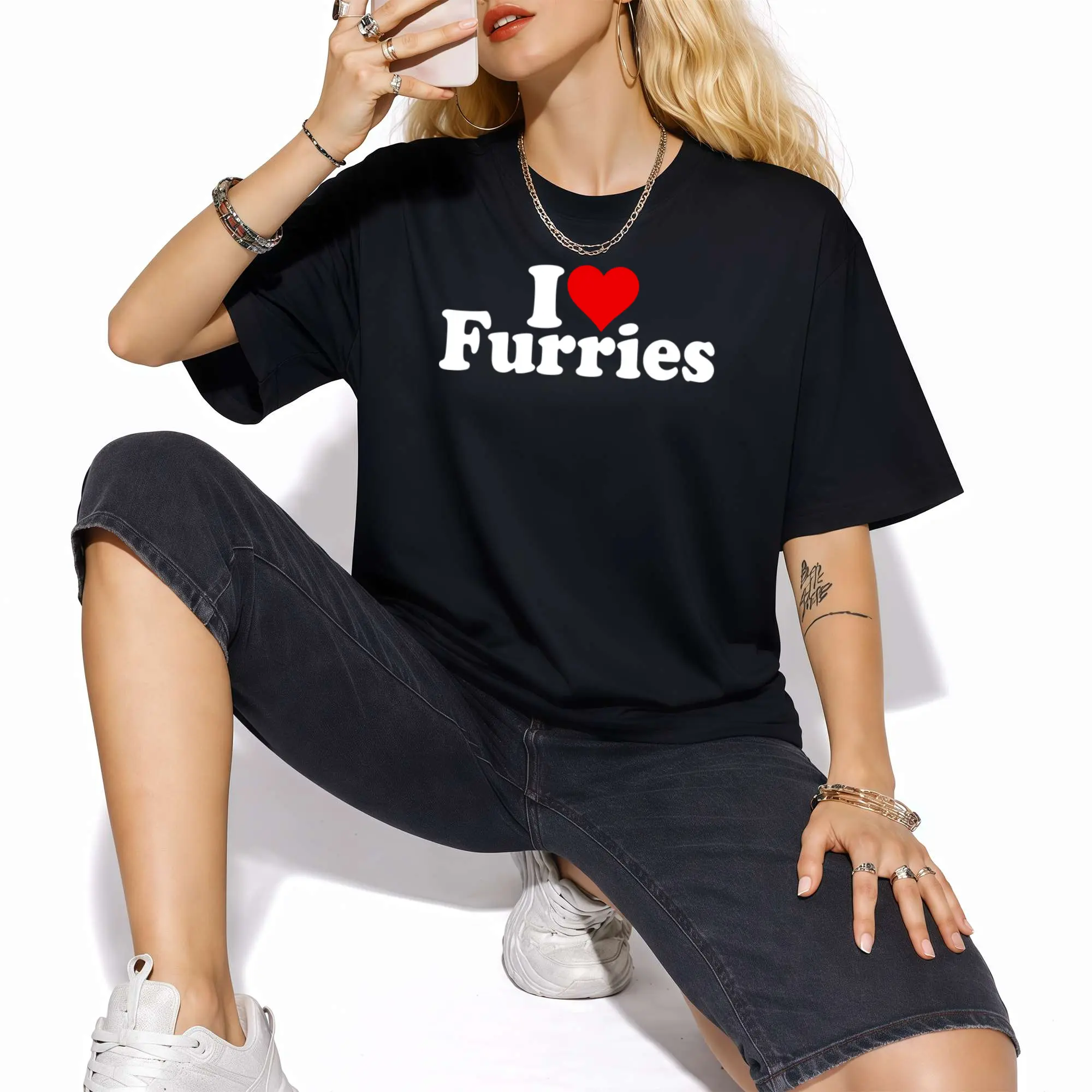 Men's I Love Furries Graphic T-Shirt, Casual Short Sleeve Round Neck Tee in 100% Cotton Fabric, Furry Fandom Streetwear Apparel, Shortsleeve, Gym, Menswear