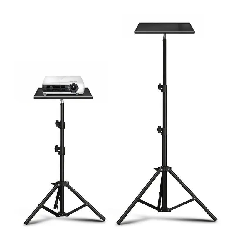 Adjustable Folding Portable Tripod Projector Stand with Tray, Desktop Laptop Holder and Floor-Mount Storage Rack, Home Office Essential