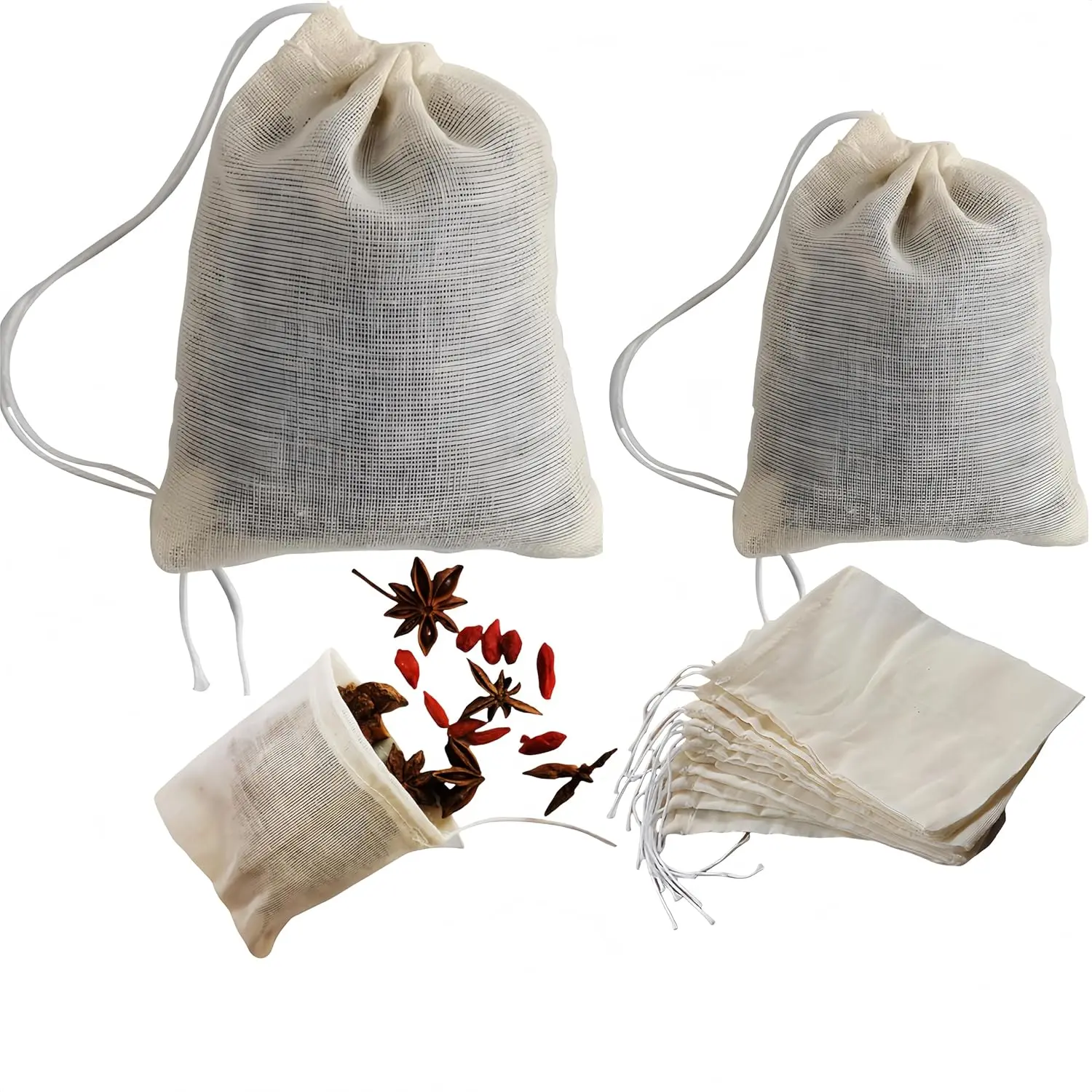 40 Natural Reusable Cotton Muslin Drawstring Bags - 20 4x6inch + 20 3x4inch Unbleached Tea Filter Bags for Loose Leaf Tea, Herbs, Spices, Soup, Cold Brew Coffee, DIY Small Bags, Eco-friendly and Washable